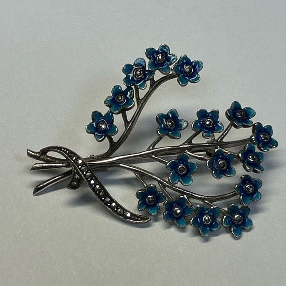 Vintage 1930s Germany Sterling Silver Enamel Marcasite Flower Bouquet Brooch pin